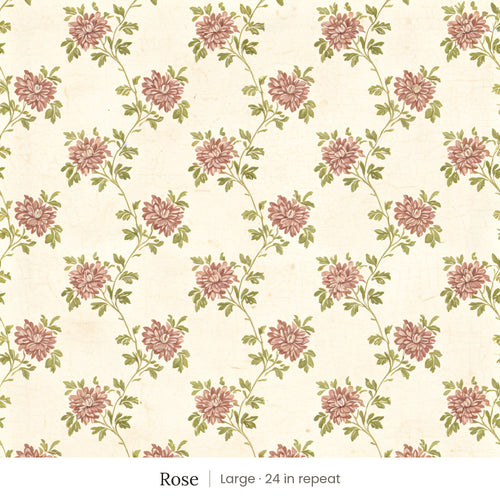 Tamsin wallpaper in Rose, large 24 in repeat, dusty rose flowers on trailing green vines on cream