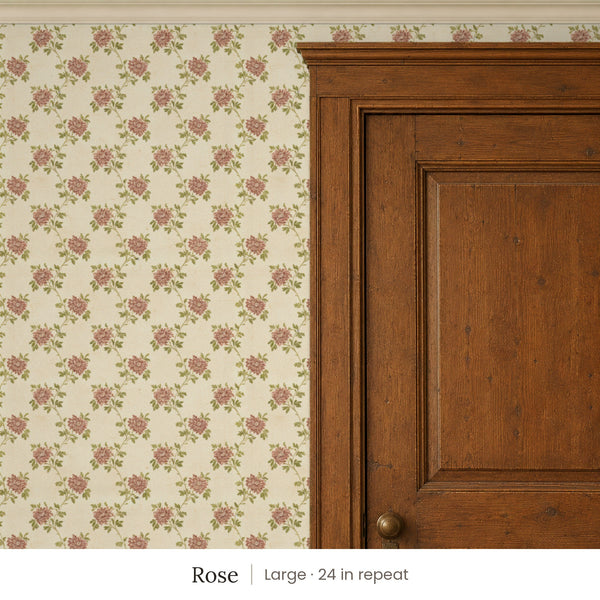 Tamsin Rose peel and stick wallpaper, large 24 in repeat, beside a dark wood panel door