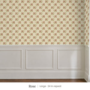Tamsin Rose peel and stick wallpaper, large 24 in repeat, above white panel wainscoting