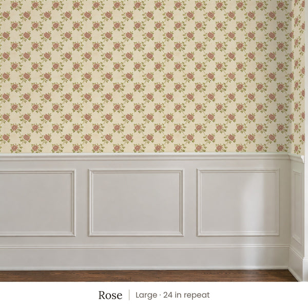 Tamsin Rose peel and stick wallpaper, large 24 in repeat, above white panel wainscoting
