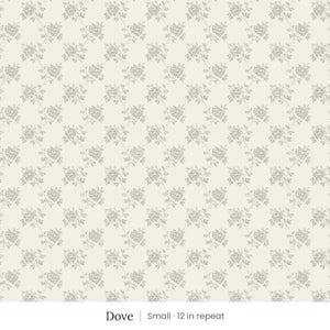Tamsin wallpaper in Dove, small 12 in repeat, soft grey trailing flowers on ivory
