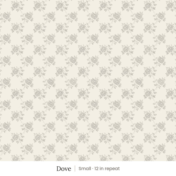 Tamsin wallpaper in Dove, small 12 in repeat, soft grey trailing flowers on ivory