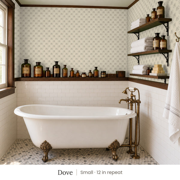 Tamsin Dove peel and stick wallpaper, small 12 in repeat, in a bathroom with a clawfoot tub and open shelves