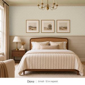 Tamsin Dove peel and stick wallpaper, small 12 in repeat, in a bedroom with shiplap paneling and framed landscape prints