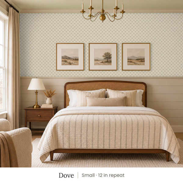 Tamsin Dove peel and stick wallpaper, small 12 in repeat, in a bedroom with shiplap paneling and framed landscape prints