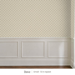Tamsin Dove peel and stick wallpaper, small 12 in repeat, above white panel wainscoting