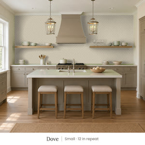 Tamsin Dove peel and stick wallpaper, small 12 in repeat, in a kitchen with an island and three stools