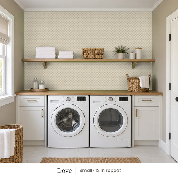 Tamsin Dove peel and stick wallpaper, small 12 in repeat, in a laundry room with white cabinets and open shelves