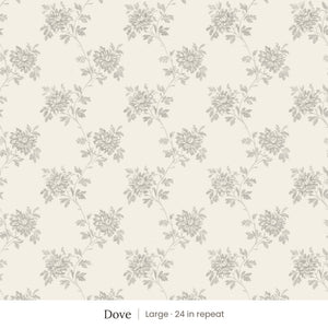 Tamsin wallpaper in Dove, large 24 in repeat, soft grey trailing flowers on ivory