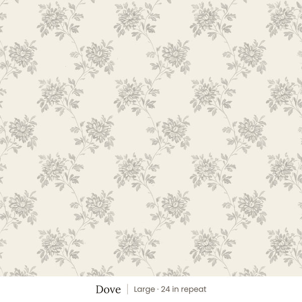 Tamsin wallpaper in Dove, large 24 in repeat, soft grey trailing flowers on ivory