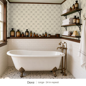 Tamsin Dove peel and stick wallpaper, large 24 in repeat, in a bathroom with a clawfoot tub and open shelves