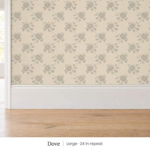 Tamsin Dove peel and stick wallpaper, large 24 in repeat, above a white baseboard and oak floor