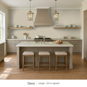 Tamsin Dove peel and stick wallpaper, large 24 in repeat, in a kitchen with an island and three stools