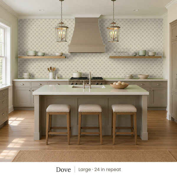 Tamsin Dove peel and stick wallpaper, large 24 in repeat, in a kitchen with an island and three stools
