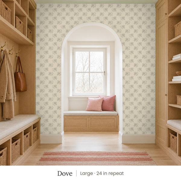 Tamsin Dove peel and stick wallpaper, large 24 in repeat, in a mudroom with an arched window seat