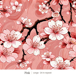 Sakura wallpaper in Pink, large 24 in repeat, white cherry blossoms on dark branches over coral pink