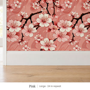 Sakura Pink peel and stick wallpaper, large 24 in repeat, above a white baseboard and oak floor