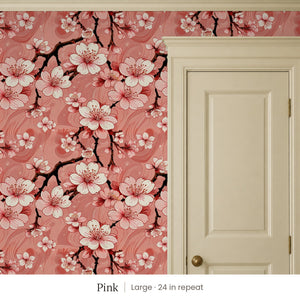 Sakura Pink peel and stick wallpaper, large 24 in repeat, beside a cream panel door