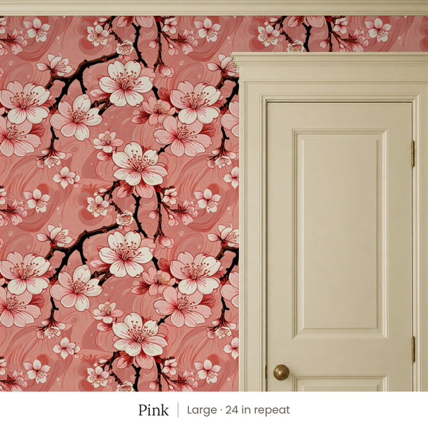 Sakura Pink peel and stick wallpaper, large 24 in repeat, beside a cream panel door