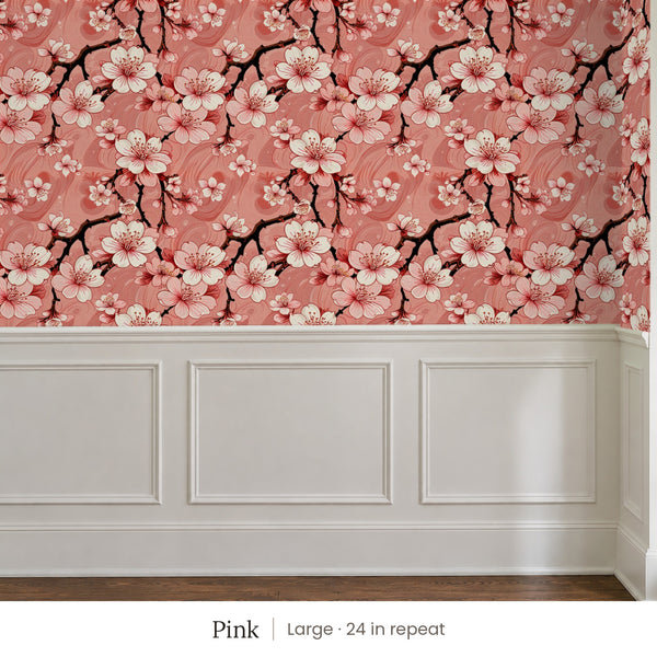 Sakura Pink peel and stick wallpaper, large 24 in repeat, above white panel wainscoting