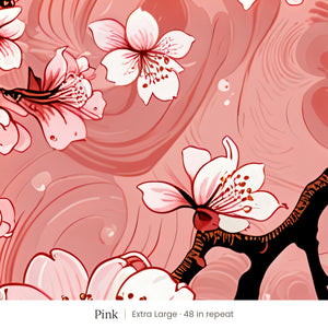 Sakura wallpaper in Pink, extra large 48 in repeat, white cherry blossoms on dark branches over coral pink