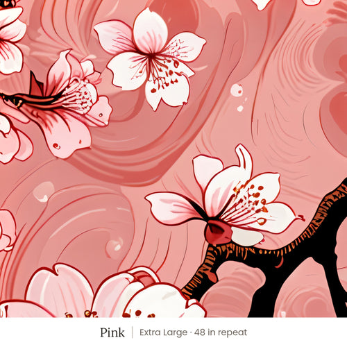 Sakura wallpaper in Pink, extra large 48 in repeat, white cherry blossoms on dark branches over coral pink