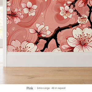 Sakura Pink peel and stick wallpaper, extra large 48 in repeat, above a white baseboard and oak floor