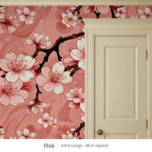 Sakura Pink peel and stick wallpaper, extra large 48 in repeat, beside a cream panel door