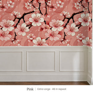 Sakura Pink peel and stick wallpaper, extra large 48 in repeat, above white panel wainscoting