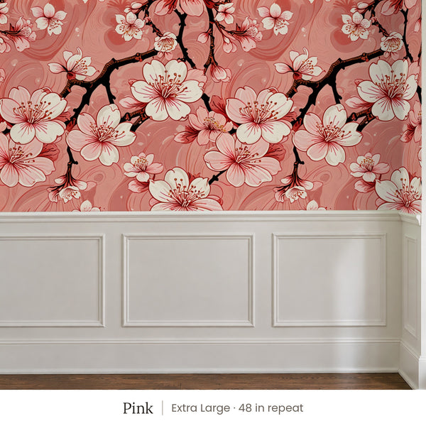 Sakura Pink peel and stick wallpaper, extra large 48 in repeat, above white panel wainscoting