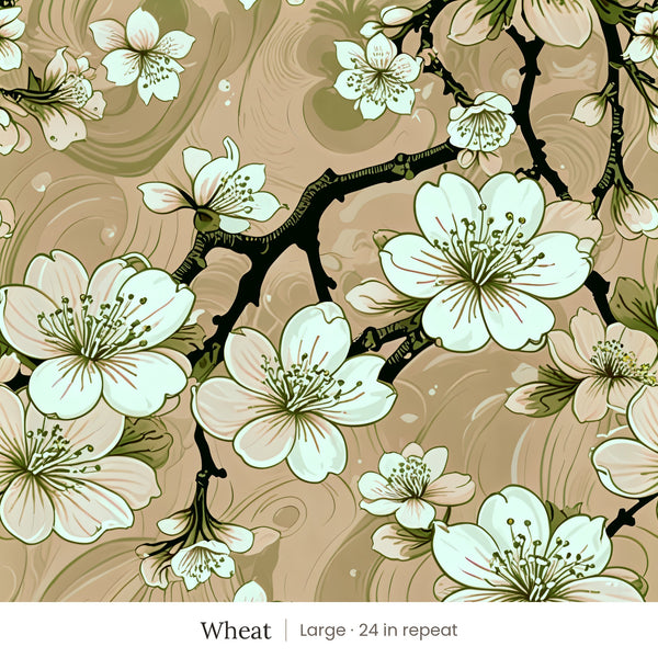 Sakura wallpaper in Wheat, large 24 in repeat, mint and white cherry blossoms on dark branches over wheat