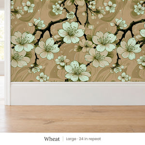 Sakura Wheat peel and stick wallpaper, large 24 in repeat, above a white baseboard and oak floor