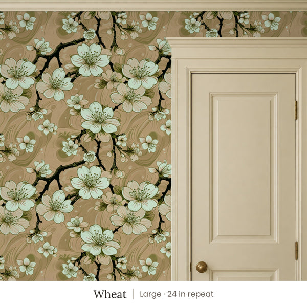 Sakura Wheat peel and stick wallpaper, large 24 in repeat, beside a cream panel door