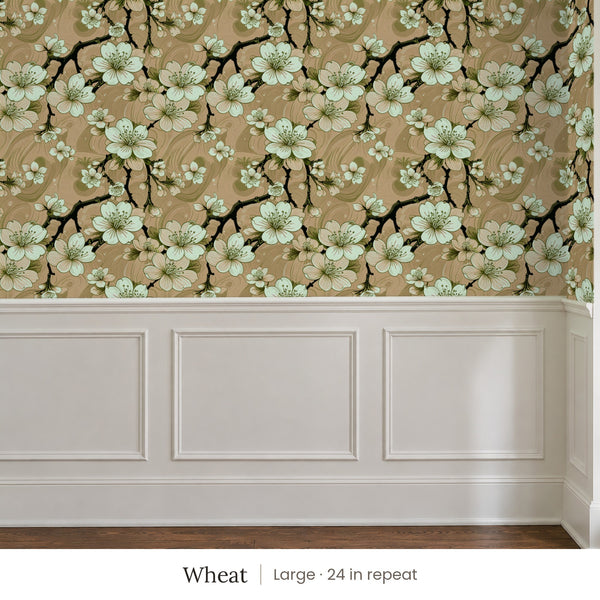 Sakura Wheat peel and stick wallpaper, large 24 in repeat, above white panel wainscoting
