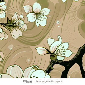 Sakura wallpaper in Wheat, extra large 48 in repeat, mint and white cherry blossoms on dark branches over wheat