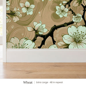 Sakura Wheat peel and stick wallpaper, extra large 48 in repeat, above a white baseboard and oak floor