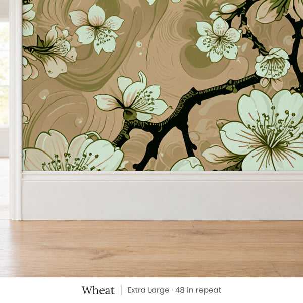 Sakura Wheat peel and stick wallpaper, extra large 48 in repeat, above a white baseboard and oak floor