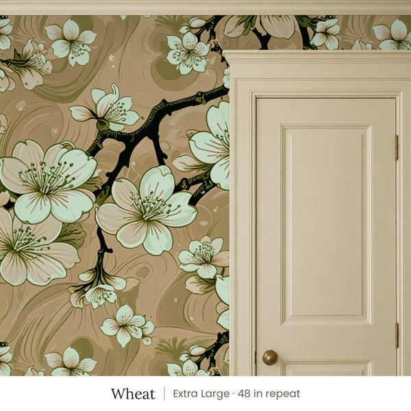 Sakura Wheat peel and stick wallpaper, extra large 48 in repeat, beside a cream panel door