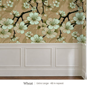 Sakura Wheat peel and stick wallpaper, extra large 48 in repeat, above white panel wainscoting