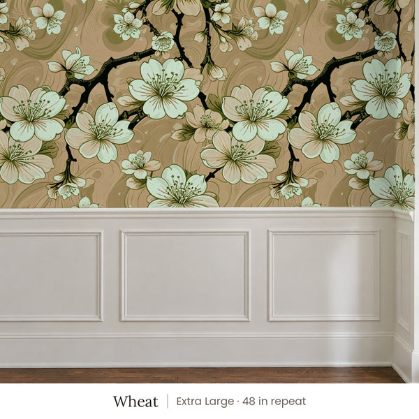 Sakura Wheat peel and stick wallpaper, extra large 48 in repeat, above white panel wainscoting