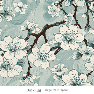 Sakura wallpaper in Duck Egg, large 24 in repeat, cream cherry blossoms on dark branches over duck egg blue