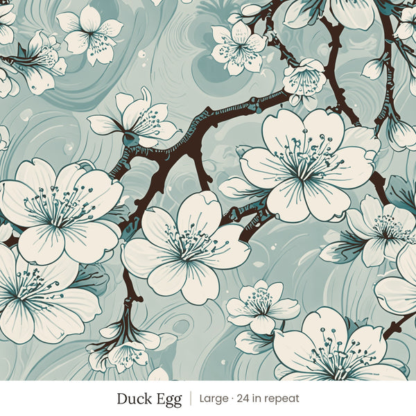 Sakura wallpaper in Duck Egg, large 24 in repeat, cream cherry blossoms on dark branches over duck egg blue