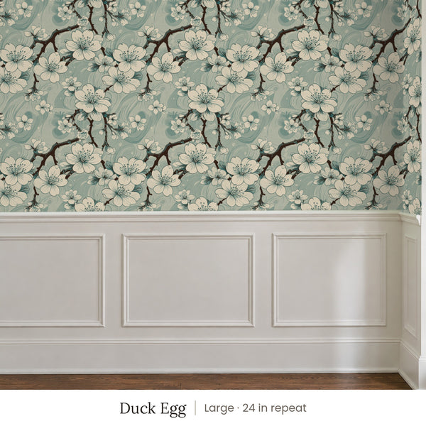 Sakura Duck Egg peel and stick wallpaper, large 24 in repeat, above white panel wainscoting