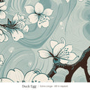Sakura wallpaper in Duck Egg, extra large 48 in repeat, cream cherry blossoms on dark branches over duck egg blue