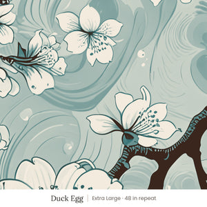 Sakura wallpaper in Duck Egg, extra large 48 in repeat, cream cherry blossoms on dark branches over duck egg blue