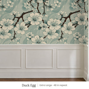 Sakura Duck Egg peel and stick wallpaper, extra large 48 in repeat, above white panel wainscoting
