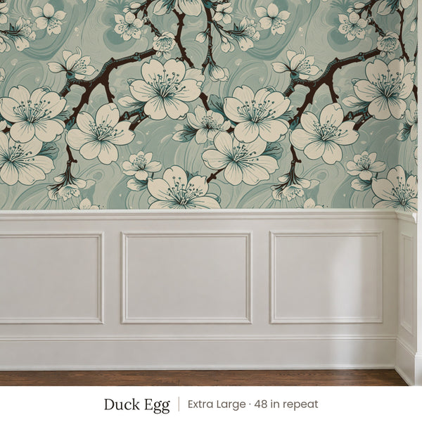 Sakura Duck Egg peel and stick wallpaper, extra large 48 in repeat, above white panel wainscoting