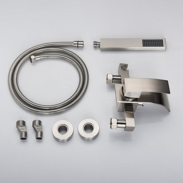 Brushed Nickel Waterfall Wall-Mount Bath Tub Filler Faucet with Handheld Shower - lifestyle photo