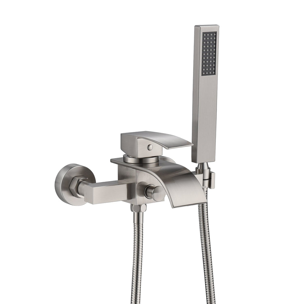 Brushed Nickel Waterfall Wall-Mount Bath Tub Filler Faucet with Handheld Shower