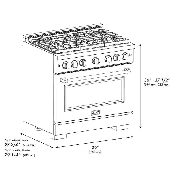 ZLINE 36'Paramount Dual Fuel Range Stainless Steel, Brass Burner, SDR-BR-36 - view 17